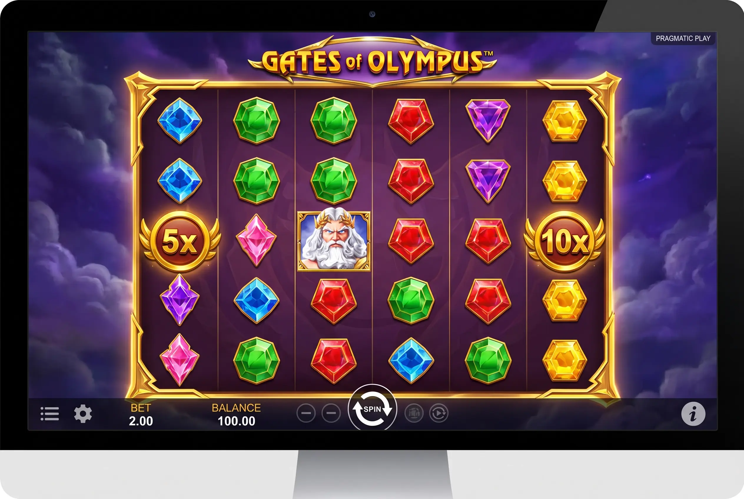 Gates of Olympus slot game interface - 6x5 grid with gem symbols and Zeus scatter