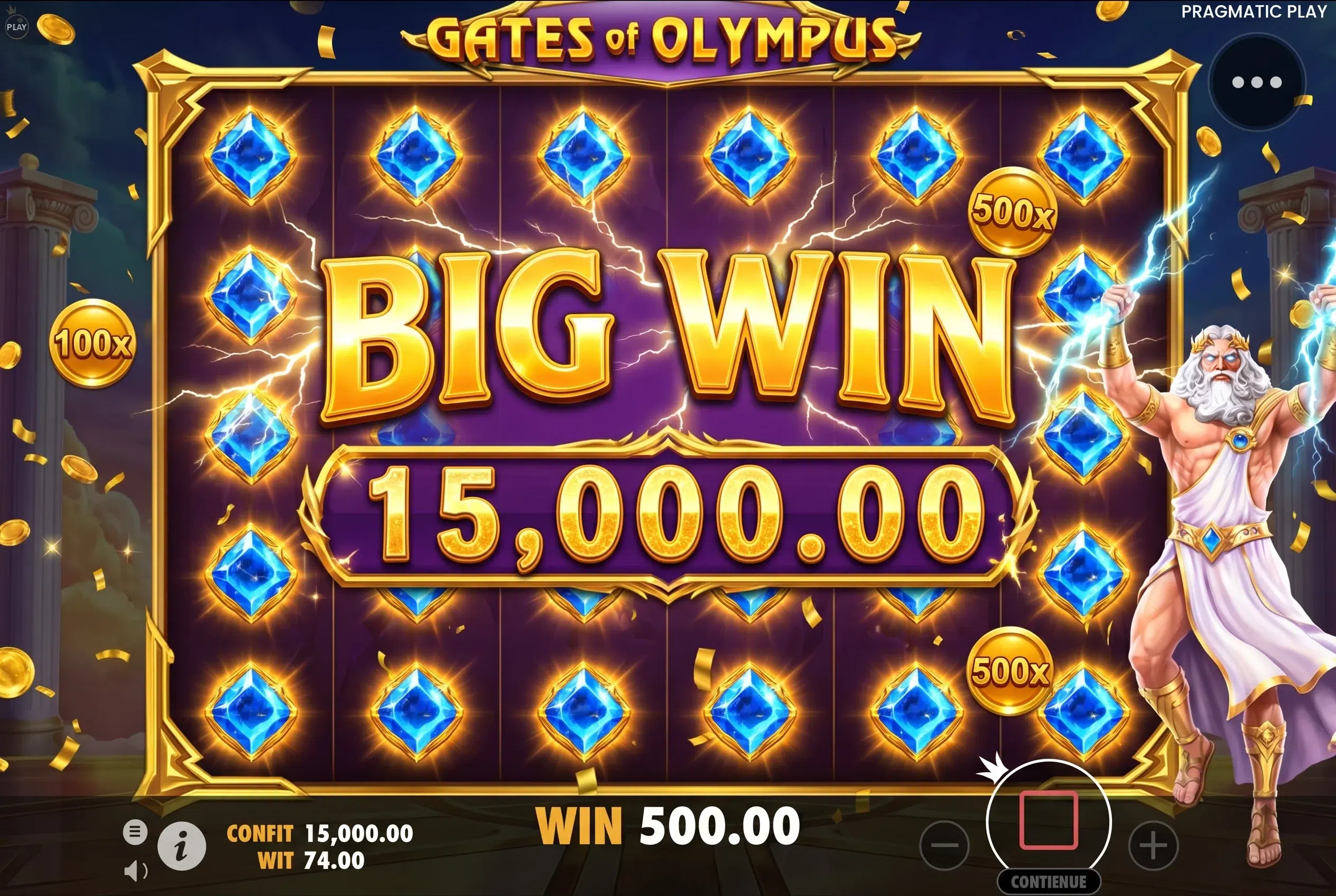 Gates of Olympus big win celebration screen with 15,000 total win