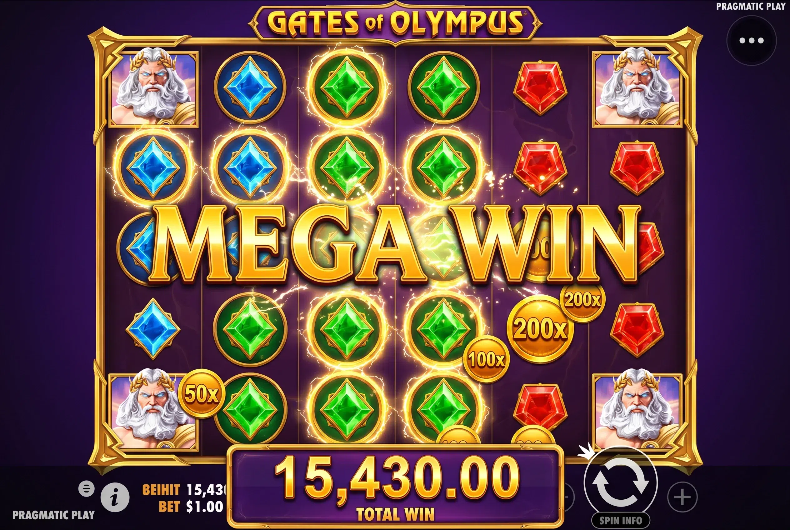 Gates of Olympus mega win - matching gem symbols with 200x multiplier coins