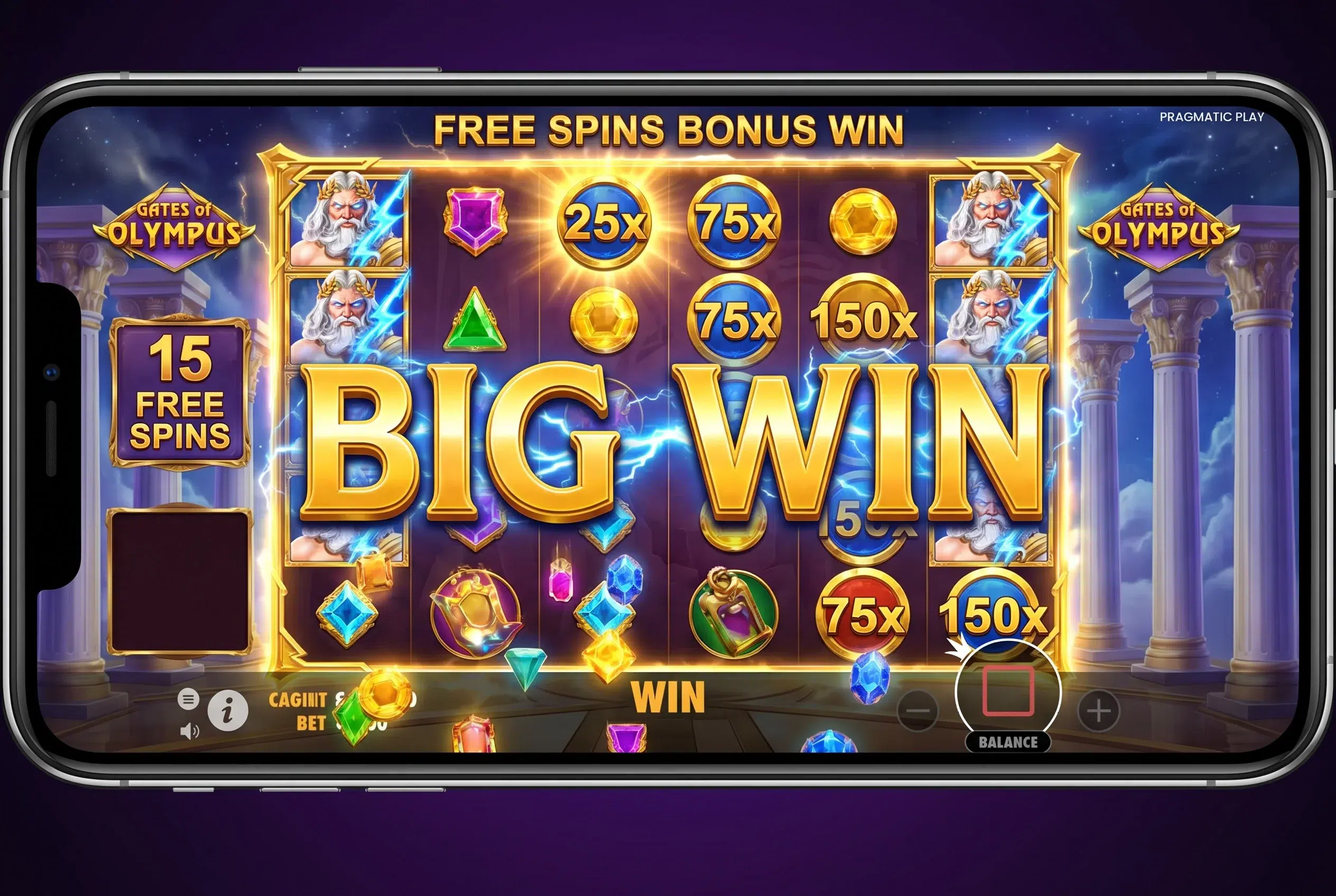 Gates of Olympus big win on mobile - free spins bonus with 150x multipliers
