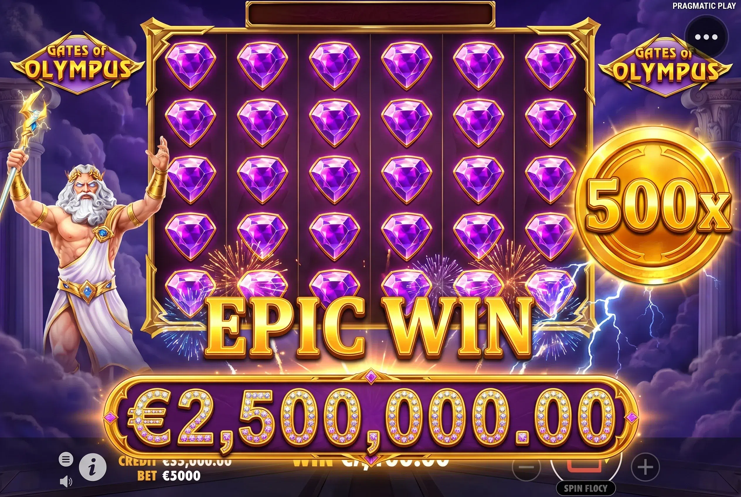 Gates of Olympus epic win - full purple amethyst grid with 500x multiplier coin